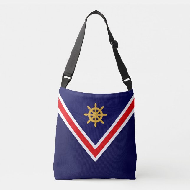 Nautical Golden Ship Wheel on Navy Blue & White Crossbody Bag (Front)