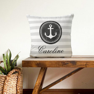 Nautical Gray, Black, White Stripes Anchor Cushion