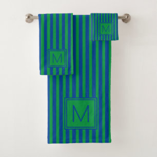 Nautical Green and Navy Blue Stripe Monogram Bath Towel Set