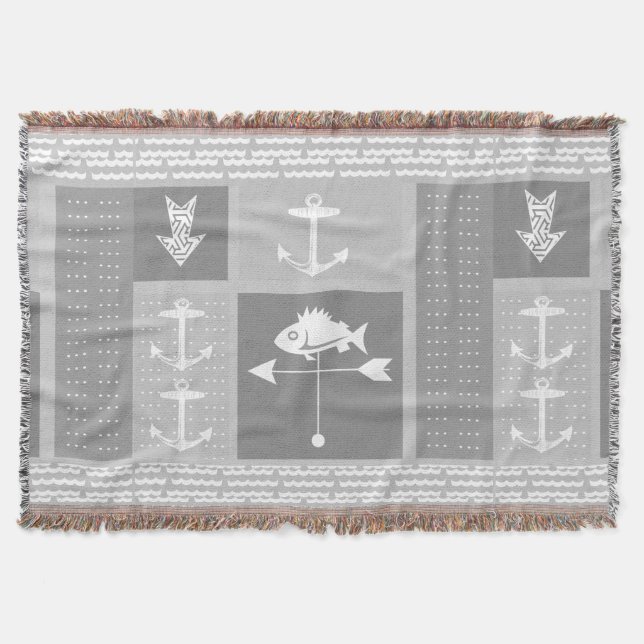 Nautical Grey Anchor Fish Weather Vane Pattern Throw Blanket (Front)