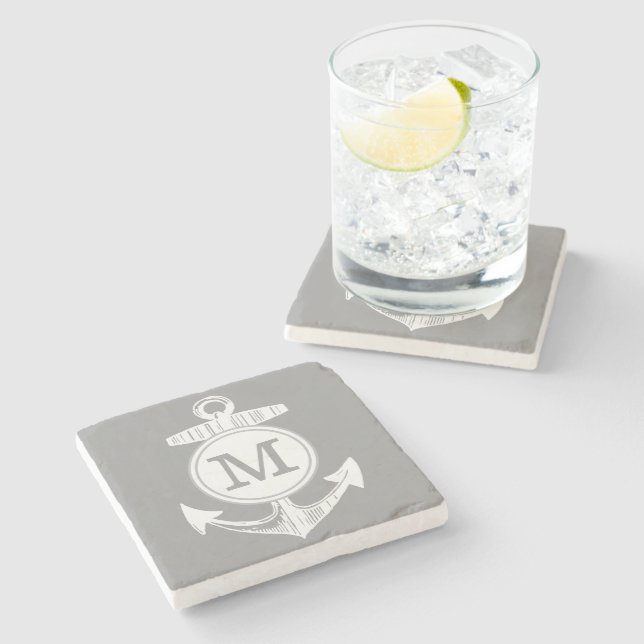 Nautical Grey Anchor Stone Coaster (Side)