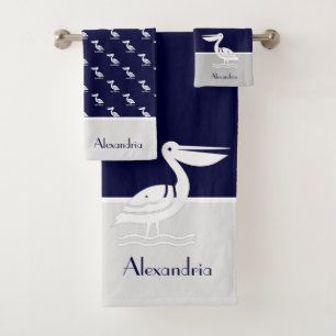 Nautical Grey and Navy Blue  White Pelican Bath Towel Set