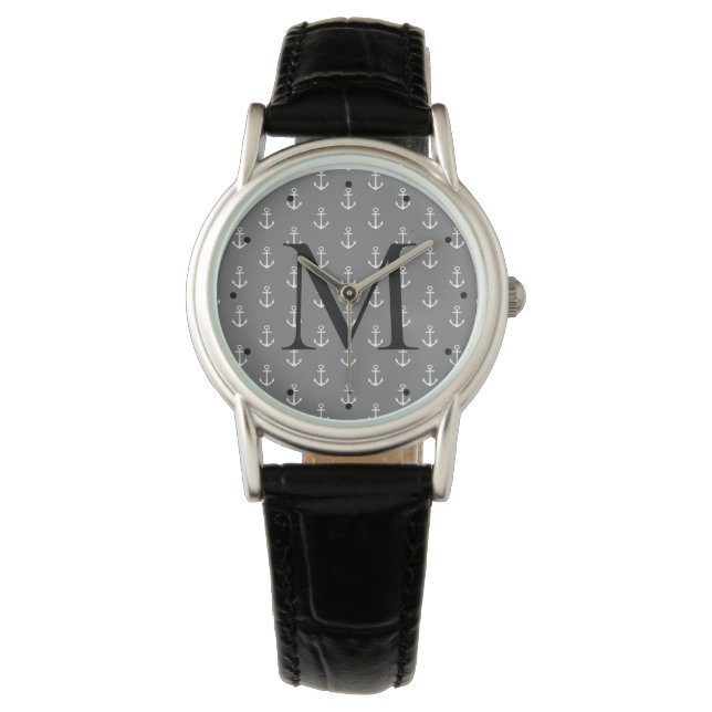 Nautical Grey and White Anchor Monogram Watch (Front)