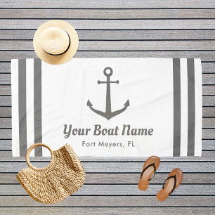 Nautical Grey and White Custom Boat Name Beach Towel