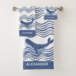 Nautical Grey Blue White Whale Waves Bath Towel