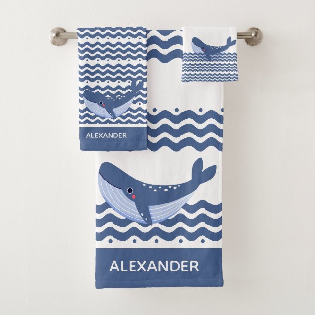 Nautical Grey Blue White Whale Waves   Bath Towel Set (Insitu)