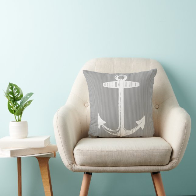Nautical Grey Striped Anchor Cushion (Chair)
