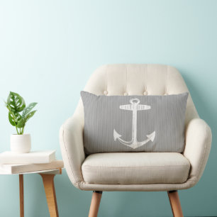 Nautical Grey Striped Anchor Lumbar Cushion