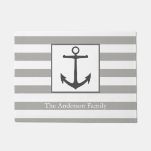 Nautical Grey Stripes & Anchor Family Name Doormat