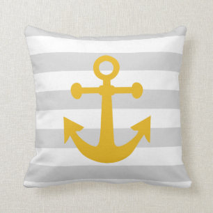 Nautical Grey Stripes Mustard Yellow Anchor Cushion