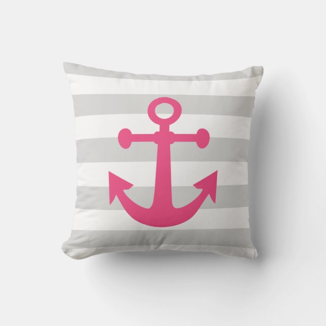Nautical Grey Stripes Pink Anchor Cushion (Front)