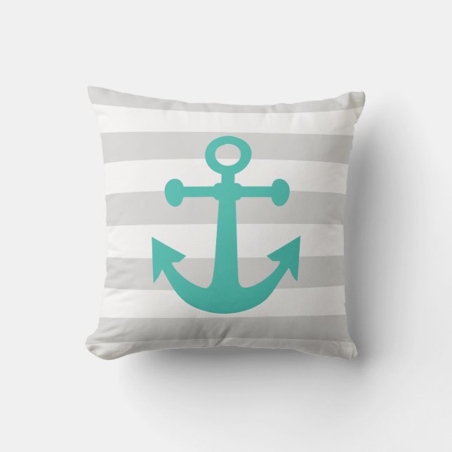 Nautical Grey Stripes Turquoise Anchor Outdoor Cushion (Front)