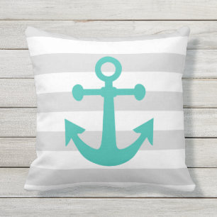 Nautical Grey Stripes Turquoise Anchor Outdoor Cushion