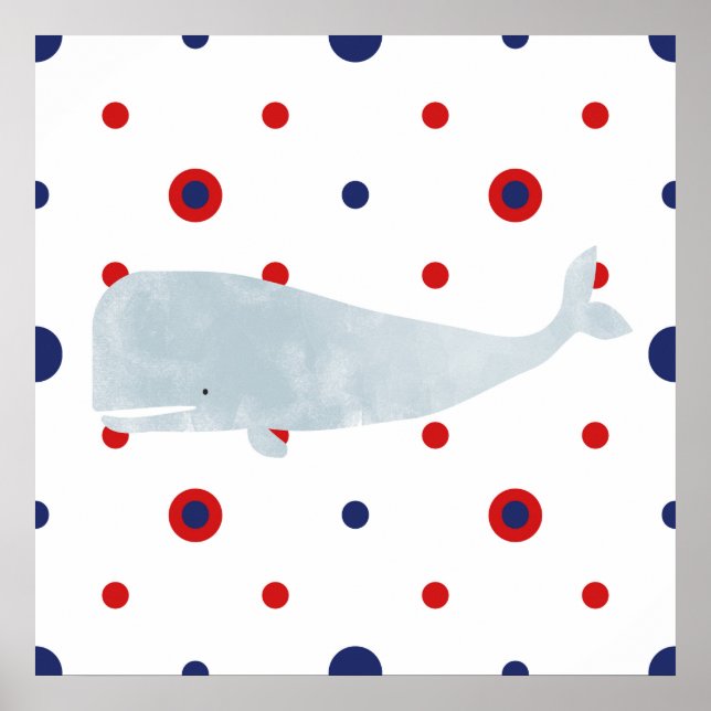 Nautical Grey Watercolor Whale Red Blue Banner Poster (Front)