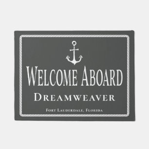 Nautical Grey Welcome Aboard Boat Name Anchor  Doormat
