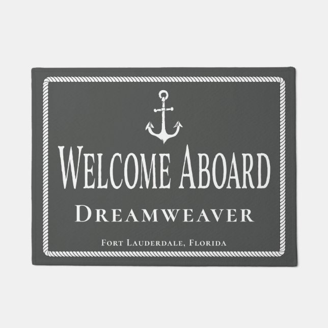 Nautical Grey Welcome Aboard Boat Name Anchor  Doormat (Front)