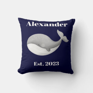 Nautical Grey Whale Stripes  White and Navy Blue Cushion