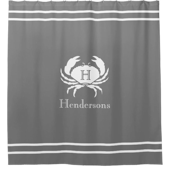Nautical Grey  White Crab Monogram Name  Shower Curtain (Front)