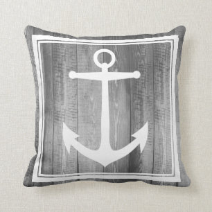 Nautical Grey Wood White Anchor Family Name Cushion