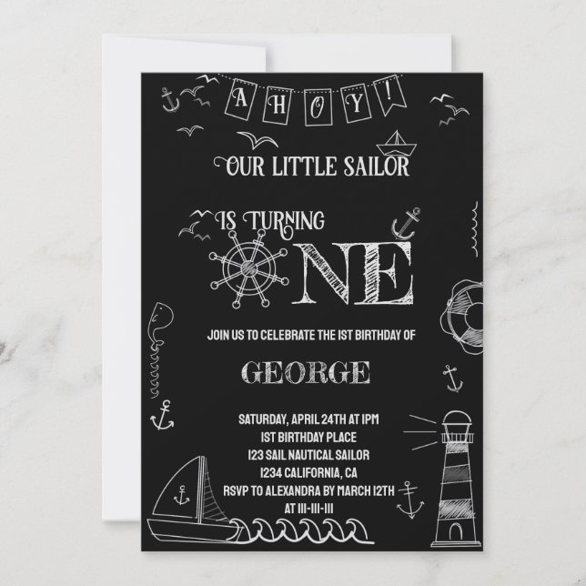 Nautical hand drawn sailor one birthday invitation (Front)