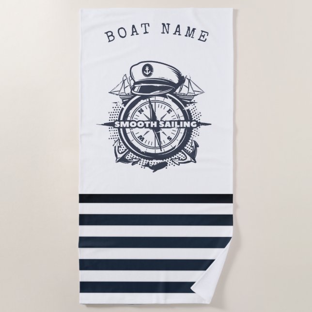 Nautical Hat, Anchor,Wheel Navy Blue Striped    Beach Towel (Front)
