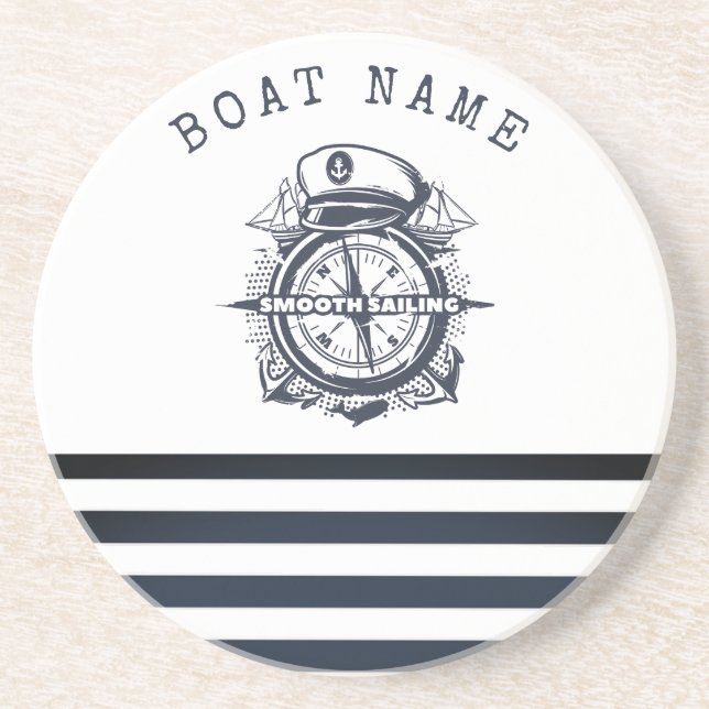 Nautical Hat, Anchor,Wheel Navy Blue Striped  Coaster (Front)