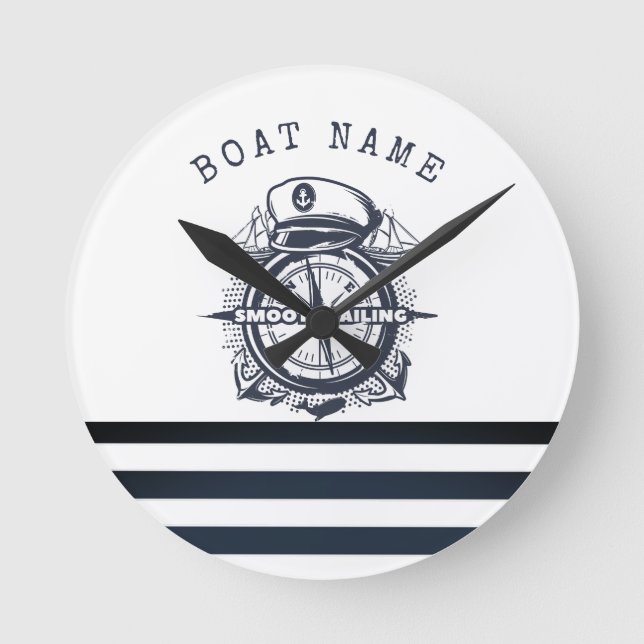 Nautical Hat, Anchor,Wheel Navy Blue Striped   Round Clock (Front)
