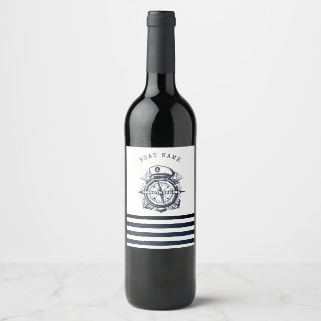 Nautical Hat, Anchor,Wheel Navy Blue Striped    Wine Label (Front)