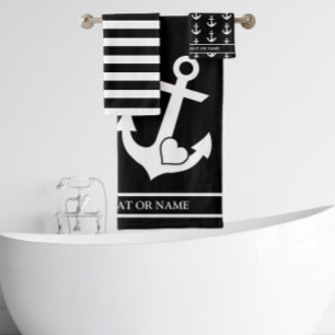 Nautical Heart Anchor Black & White Stripes Custom Bath Towel Set