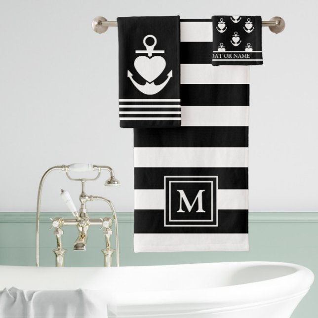Nautical Heart Anchor Black White Stripes Monogram Bath Towel Set (Creator Uploaded)