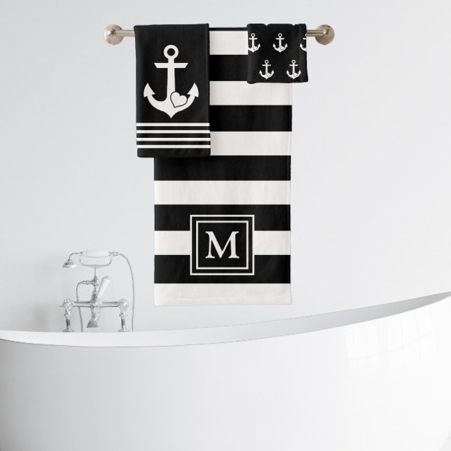 Nautical Heart Anchor Black White Stripes Monogram Bath Towel Set (Creator Uploaded)