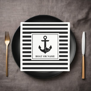 Nautical Heart Anchor Boat Black White Striped Napkin