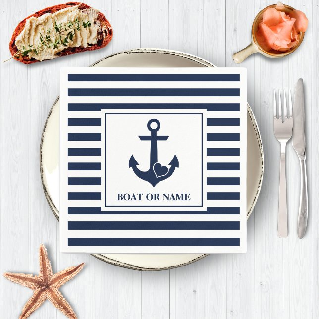 Nautical Heart Anchor Boat Name Navy White Striped Napkin (Creator Uploaded)