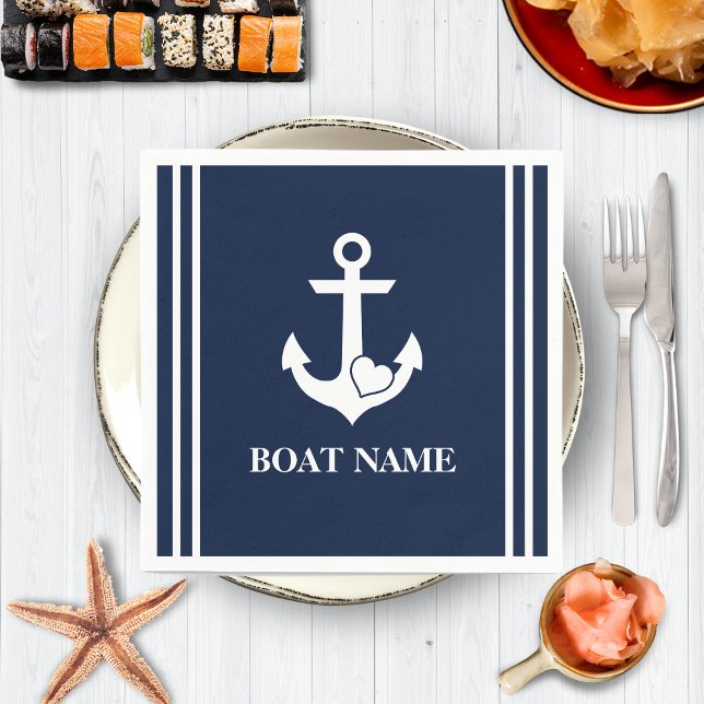 Nautical Heart Anchor Custom Boat Name Navy Blue Napkin (Creator Uploaded)