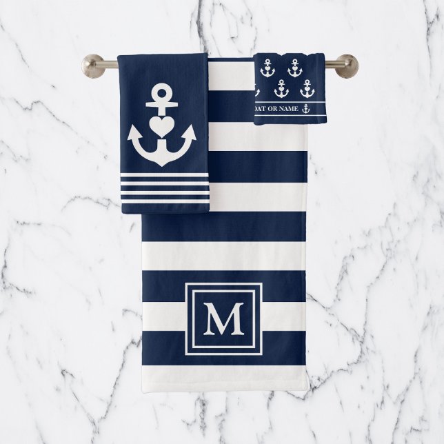 Nautical Heart Anchor Navy White Stripes Monogram Bath Towel Set (Creator Uploaded)