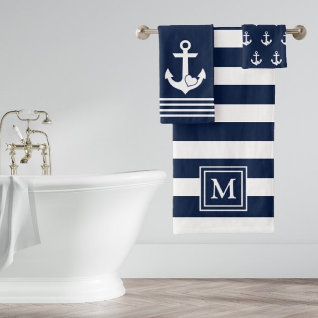 Nautical Heart Anchor Navy White Stripes Monogram Bath Towel Set (Creator Uploaded)