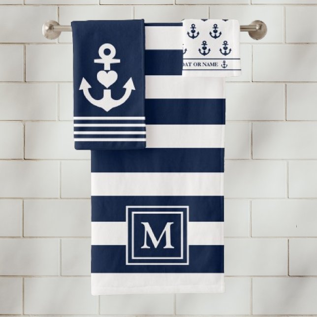 Nautical Heart Anchor Navy White Stripes Monogram Bath Towel Set (Creator Uploaded)