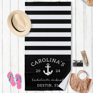 Nautical Heart Bachelorette Weekend Black & White Beach Towel