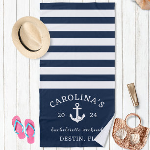 Nautical Heart Bachelorette Weekend Navy & White Beach Towel
