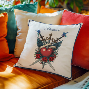 Nautical Heart Floral Red Blue  Cushion