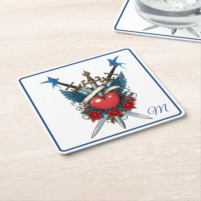 Nautical Heart Floral Red Blue  Square Paper Coaster (Angled)