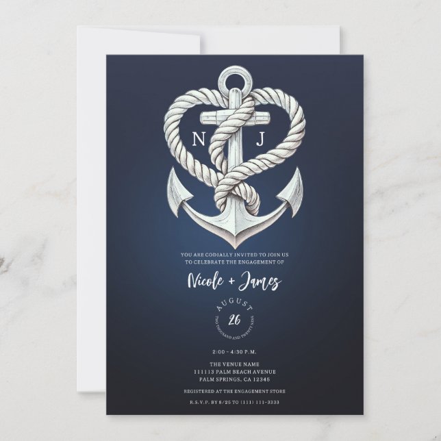 Nautical Heart Rope Anchor Coastal Navy Engagement Invitation (Front)