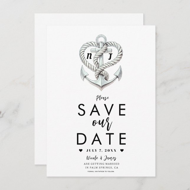 Nautical Heart Rope Anchor Coastal Save the Date Invitation (Front/Back)
