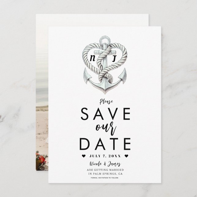 Nautical Heart Rope Anchor Coastal Save the Date Invitation (Front/Back)
