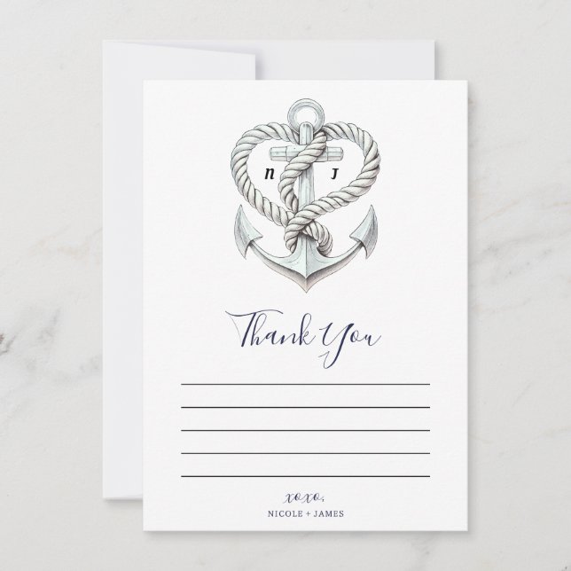 Nautical Heart Rope Anchor Coastal Thank You Invitation (Front)