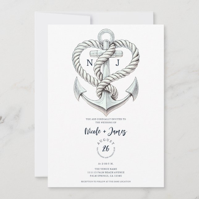 Nautical Heart Rope Anchor Coastal Wedding Invitation (Front)