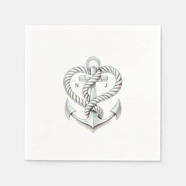 Nautical Heart Rope Anchor Coastal Wedding Napkin (Front)