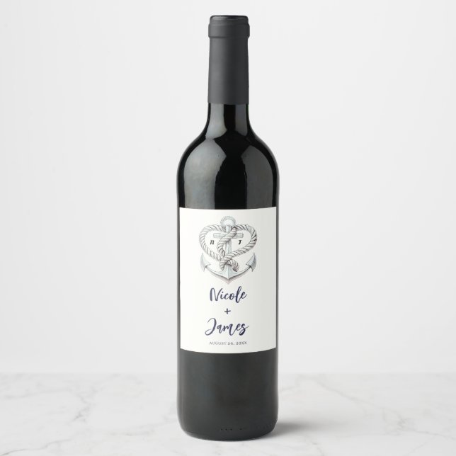 Nautical Heart Rope Anchor Coastal Wedding Wine Label (Front)