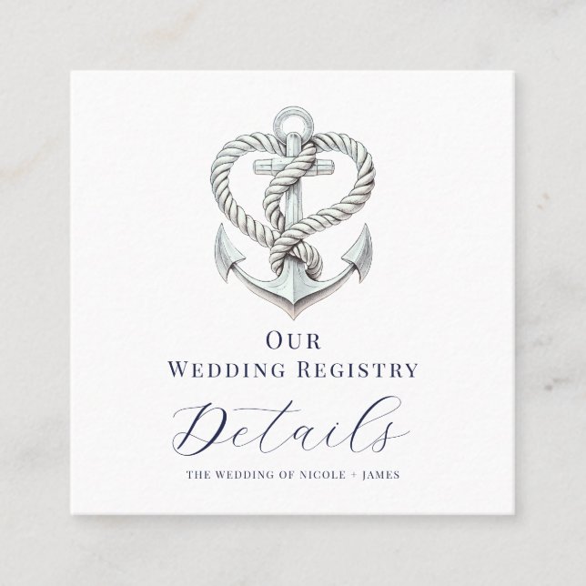Nautical Heart Rope Anchor Wedding Registry QR  Square Business Card (Front)