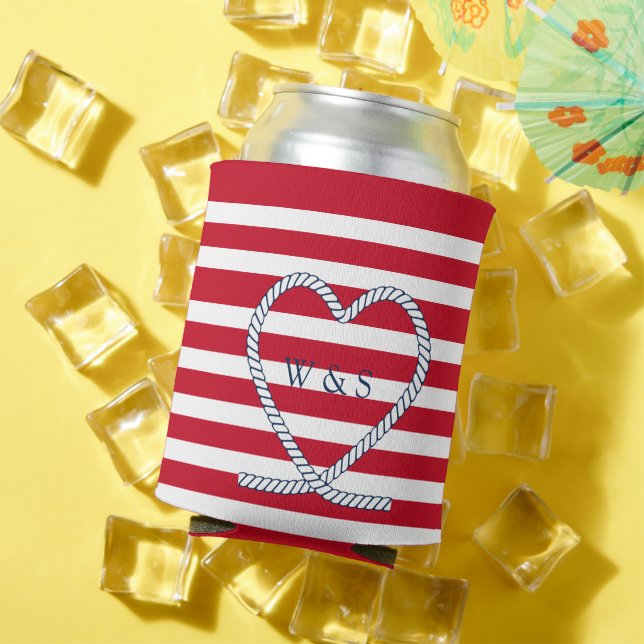 Nautical Heat Monogram Red White Stripe Couples Can Cooler (In Situ Summer)
